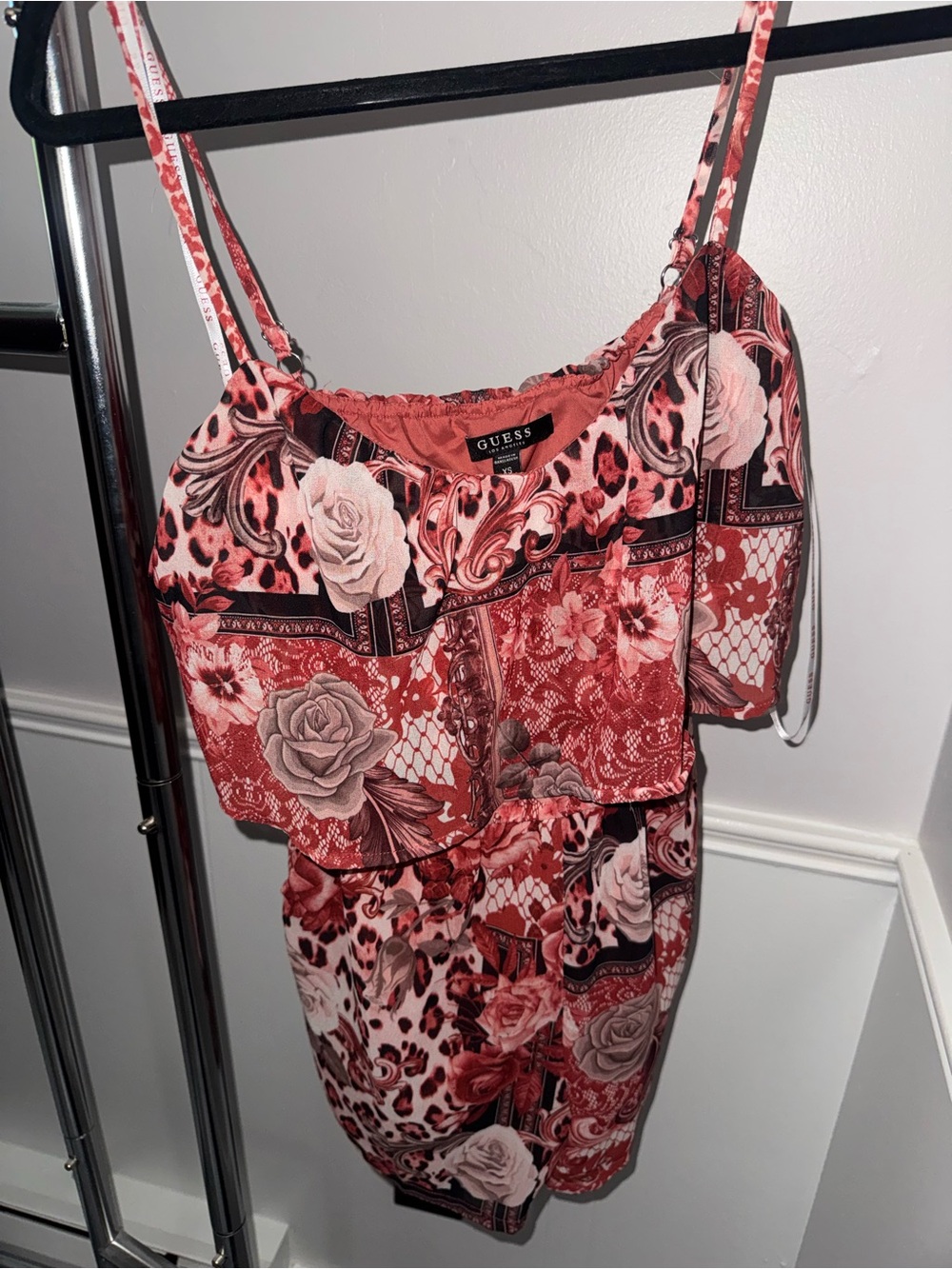 GUESS Red and Pink Floral Print Spaghetti Strap Romper